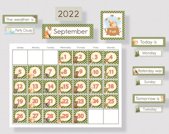 WOODLAND CLASSROOM CALENDAR, Printable Woodland Theme Calendar Bulletin Board Set, Morning Circle Classroom Decor, Homeschool Class Decor