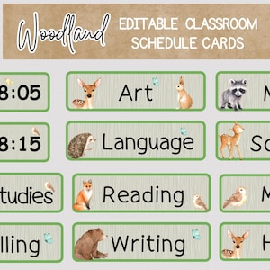 Carte di ORARIO DI CLASSE WOODLAND, Carte modificabili per il programma giornaliero dell'aula, Programma scolastico giornaliero per l'aula o l'arredamento della scuola domestica