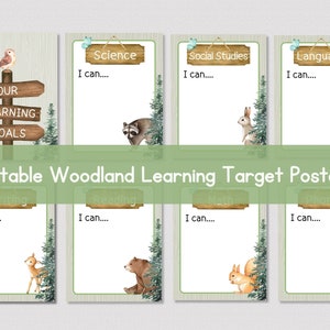 Carteles de OBJETIVO DE APRENDIZAJE DE WOODLAND, carteles de pared de objetivos de aprendizaje editables, gráficos de objetivos de aprendizaje de estudiantes imprimibles para el aula de primaria