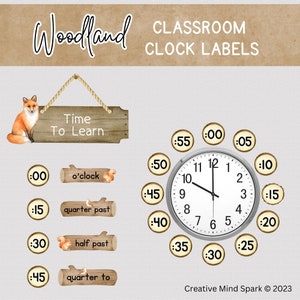 WOODLAND CLOCK LABELS For Classroom,  Printable Woodland Classroom Decor, Classroom Clock Tags, Telling Time Primary Classroom Clock Numbers