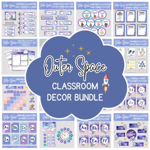 May include: A digital classroom decor bundle featuring an outer space theme with purple and blue galaxy backgrounds. The collection includes printable daily schedule cards, desk name tags, hand signal posters, learning targets, and alphabet posters.