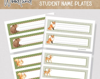 May include: Printable woodland themed desk name tags for students. The tags feature a variety of animals including a fox, deer, bear, and squirrel. The tags are editable and can be personalized with each student's name.