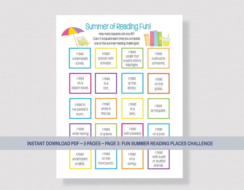 Op de afbeelding: Een printbare zomerleesuitdaging voor kinderen. De kleurrijke kaart toont 16 verschillende zomerleeslocaties, zoals onder een boom, in een fort, in de bibliotheek en op een zwembadvlot. De tekst "Summer of Reading Fun!" staat bovenaan de kaart.