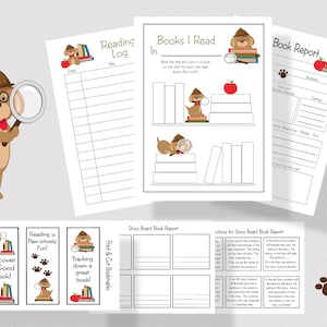 Può includere: Modelli stampabili di registro di lettura e relazione sul libro con un cane detective dei cartoni animati con una lente d'ingrandimento. I modelli includono sezioni per tenere traccia dei libri letti, scrivere relazioni sui libri e creare storyboard.