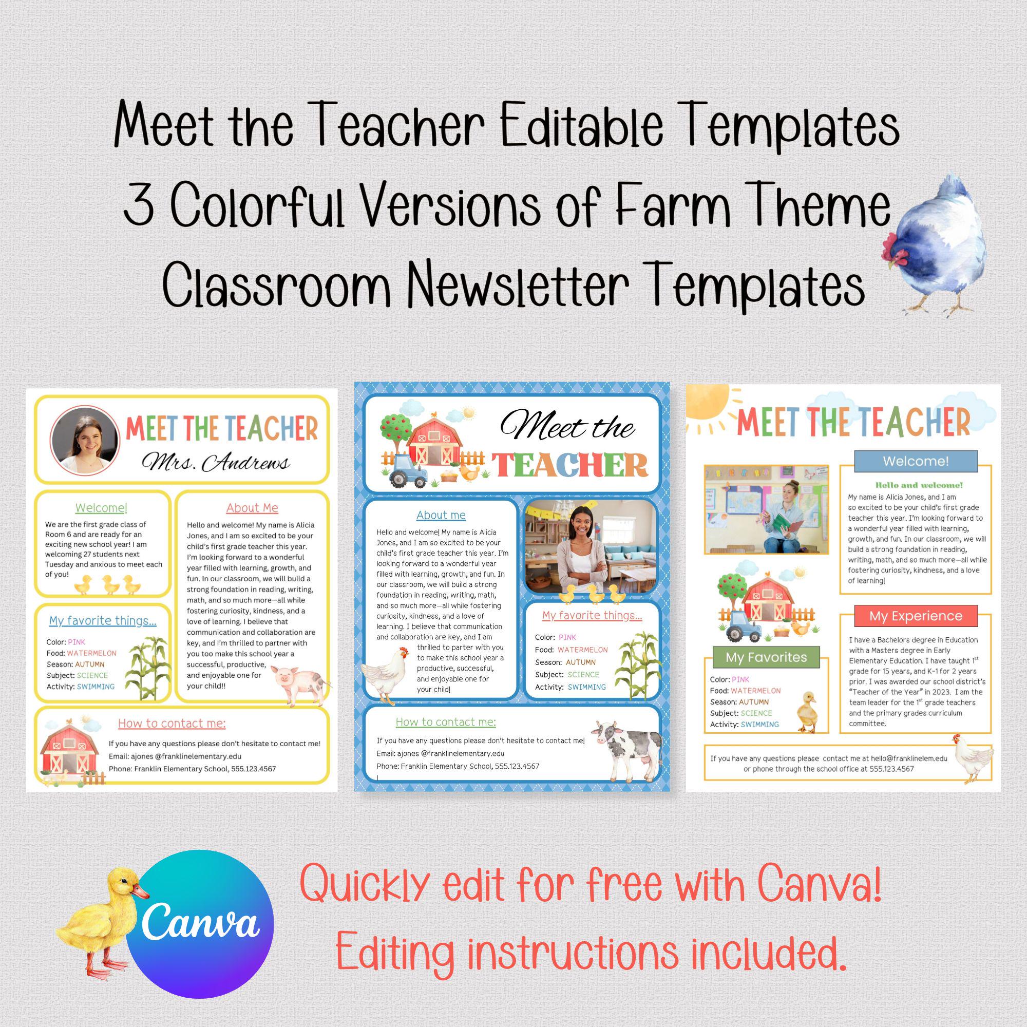 MEET THE TEACHER Farm Theme Newsletter Templates, Canva Templates for ...