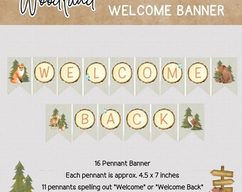 Puede incluir: Bandera de regreso a la escuela con temática de bosque con 16 banderines. Los banderines son verdes con círculos de madera marrón y muestran las palabras "Welcome Back". La bandera termina con banderines que representan animales del bosque, incluyendo un zorro, un búho y un oso.