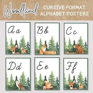 CURSIVE WOODLAND ALPHABET Poster, druckbares kursives Naturalphabet, oberes Elementarwaldalphabet, Waldabenteuer-Klassenzimmerdekor
