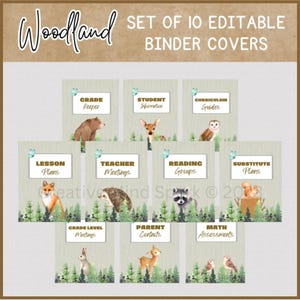 May include: Set of 10 editable binder covers with a woodland theme. Each cover features a different woodland animal illustration and text such as "Grade Keeper", "Lesson Plans", and "Teacher Meetings". The covers have a light green background.