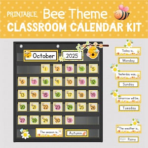 May include: A printable bee-themed classroom calendar kit. The calendar includes the month of October 2025, with days numbered 1-31. Additional sections include "Today is...", "Yesterday was...", "Tomorrow will be...", and "The weather is..."