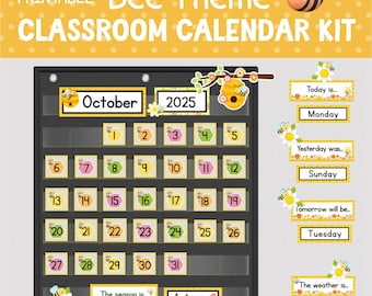 May include: A printable bee-themed classroom calendar kit. The calendar includes the month of October 2025, with days numbered 1-31. Additional sections include "Today is...", "Yesterday was...", "Tomorrow will be...", and "The weather is..."