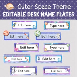 May include: An assortment of editable desk name plates with an outer space theme. Each plate features a white rectangular space for text, surrounded by a purple and blue galaxy design. Rockets, planets, and astronauts are depicted.