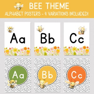 BEE THEME ALPHABET Posters, Printable Honey Bee Alphabet, 4 Versions Included, Bee Theme Abc Posters, Preschool or Primary Classroom Decor