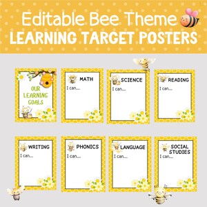 Può includere: Un set di otto poster didattici gialli e bianchi a tema api. I poster includono materie come matematica, scienze e lettura. Ogni poster presenta il testo "Io posso...." e "I nostri obiettivi di apprendimento".