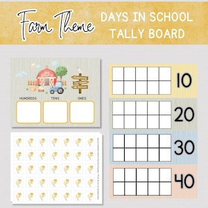 May include: A printable farm-themed tally board for counting days in school. The board features a red barn, a tractor, and a sign that says "Counting Our Days at School". The board has four sections for hundreds, tens, ones, and a tally board with four rows of ten squares. There are also 40 small images of yellow chicks that can be used as markers.