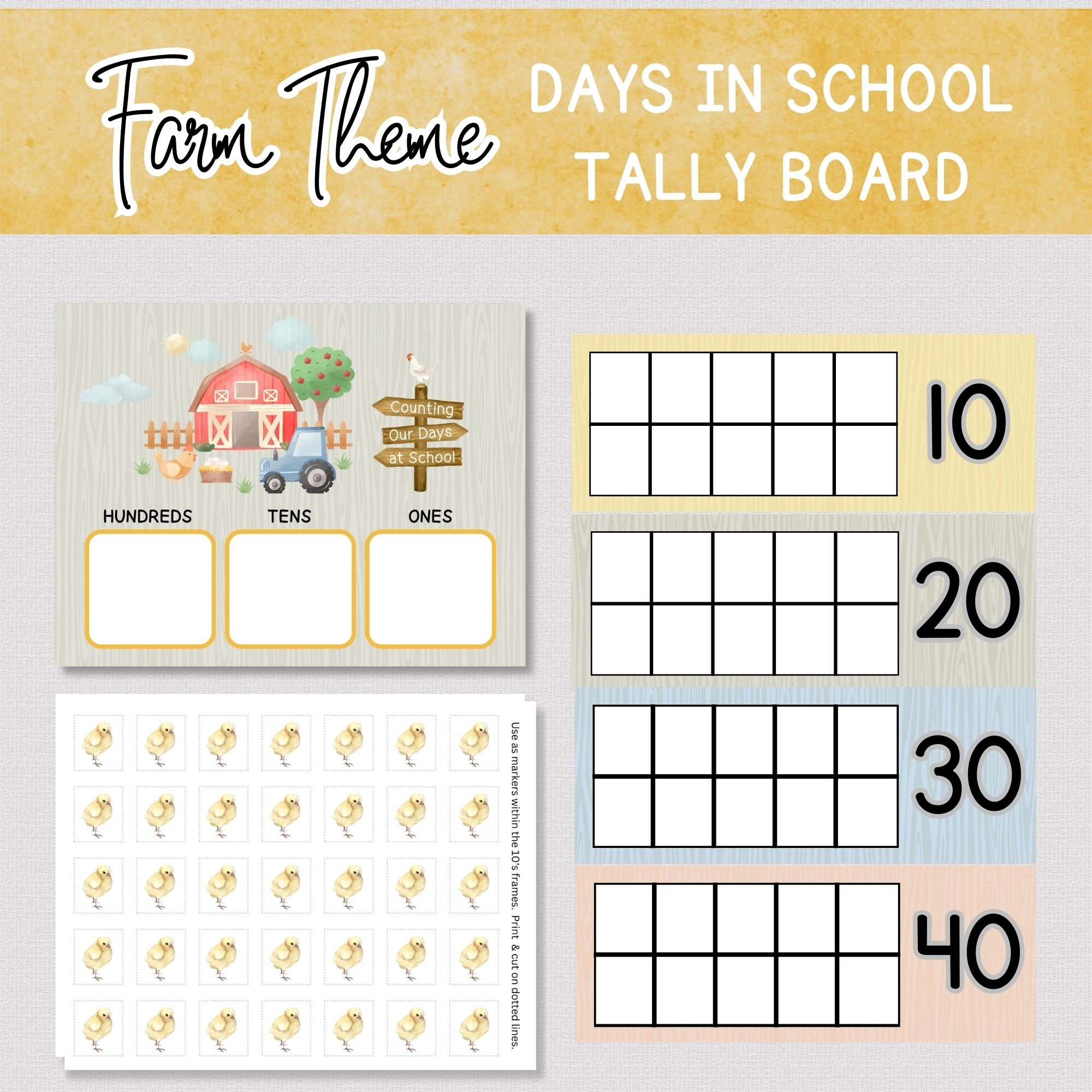 FARM THEME DAYS In School Tally Board, Farm Days at School Tally Posters, 100 Days of School Classroom Tally Kit, Farm Theme Classroom Decor