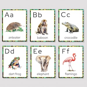 JUNGLE ALPHABET POSTERS, Printable Safari Animals Alphabet Posters, Abc Classroom Wall Poster, Jungle Safari Classroom, Zoo Animals Alphabet