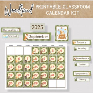 WOODLAND CLASSROOM CALENDAR, Printable Woodland Theme Calendar Bulletin Board Set, Morning Circle Classroom Decor, Homeschool Class Decor