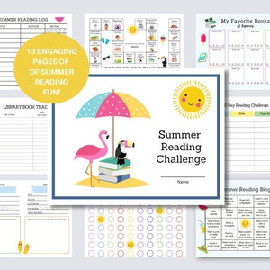 May include: A set of printable summer reading challenge activities for kids. The pages feature a colorful beach theme with a flamingo, toucan, and beach umbrella. The activities include a reading log, book tracker, bingo card, and a 30-day reading challenge.