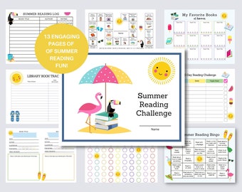 Puede incluir: Un conjunto de actividades de lectura de verano imprimibles para niños. Las páginas presentan un tema de playa colorido con un flamenco, un tucán y una sombrilla de playa. Las actividades incluyen un registro de lectura, un rastreador de libros, una tarjeta de bingo y un desafío de lectura de 30 días.