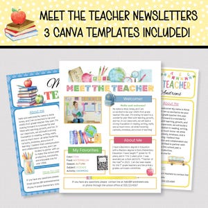 MEET THE TEACHER Newsletter Templates, Back to School Newsletter Templates Set of 3, Edit in Canva, Newsletters for Classroom Open House