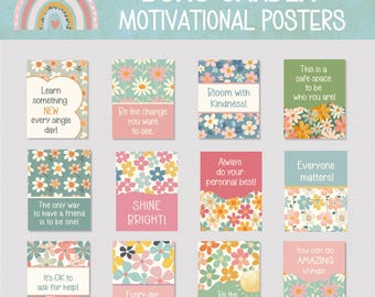 BOHO GARDEN  THEME Motivational Posters for Classroom,  Printable Floral Mindset Posters Set of 12, Colorful Posters of Inspirational Quotes