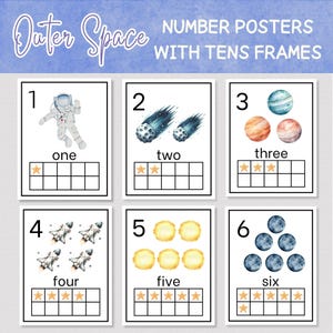 May include: Set of six educational number posters with a space theme. Each poster features a number from one to six, a corresponding image, and a tens frame. The posters are designed for educational use.