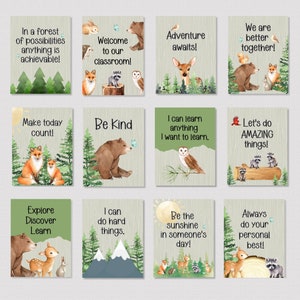 WOODLAND Motivationsposter für das Klassenzimmer, druckbare Woodland Mindset Poster Set von 12, Waldthema Wandposter Inspirierende Zitate