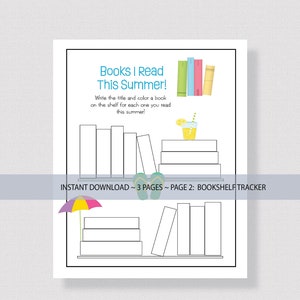 Op de afbeelding: Een printbaar zomerleeslogboek voor kinderen. De pagina toont een boekenkast met lege vakken waar kinderen de titels van de boeken kunnen schrijven die ze hebben gelezen. De tekst op de pagina luidt "Boeken die ik deze zomer heb gelezen!" en "Schrijf de titel en kleur een boek in de boekenkast voor elk boek dat je deze zomer leest!"