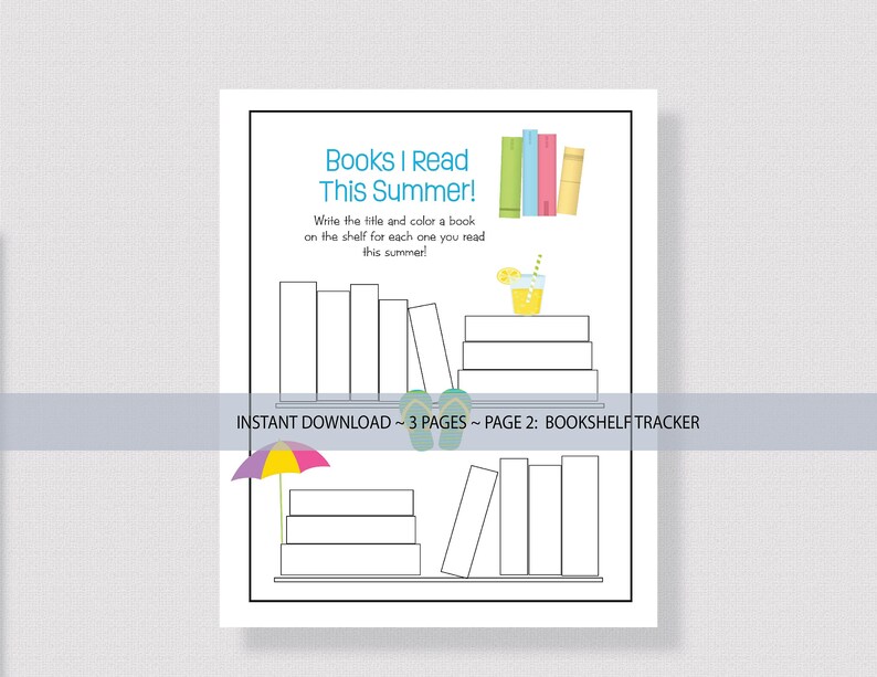 Op de afbeelding: Een printbaar zomerleeslogboek voor kinderen. De pagina toont een boekenkast met lege vakken waar kinderen de titels van de boeken kunnen schrijven die ze hebben gelezen. De tekst op de pagina luidt "Boeken die ik deze zomer heb gelezen!" en "Schrijf de titel en kleur een boek in de boekenkast voor elk boek dat je deze zomer leest!"
