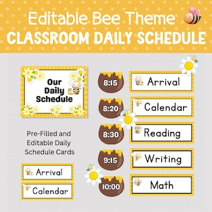 BEE THEME CLASSROOM Schedule, Honeybee Pre Filled and Editable Cards for Daily Class Schedule, Printable Daily School Schedule for Classroom