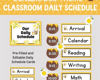 BEE THEME CLASSROOM Schedule, Honeybee Pre Filled and Editable Cards for Daily Class Schedule, Printable Daily School Schedule for Classroom