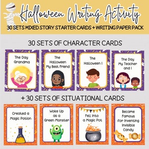 SCHRIJACTIVITEIT OKTOBER, afdrukbare Halloween-verhaalstarters, leuke schrijftips voor elementair, creatief schrijfkaarten + gelinieerd papierpakket