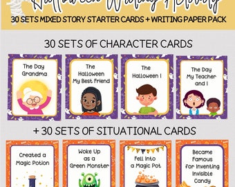 Halloween Writing Activity, Printable Halloween Story Starter Cards for Kids, 30 Sets of Imaginative Writing Cards + Lined Story Paper Pack