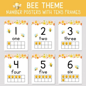 Carteles de NÚMERO DE TEMA DE ABEJA, Tema de abeja de miel imprimible, Carteles de aula de números 1-20, Decoración primaria del aula de abejas, Decoración del aula de educación en el hogar