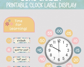 BOHO GARDEN CLOCK Labels Display For Classroom,  Printable Boho Theme Classroom Decor, Boho Clock Tags, Telling Time Primary Clock Numbers
