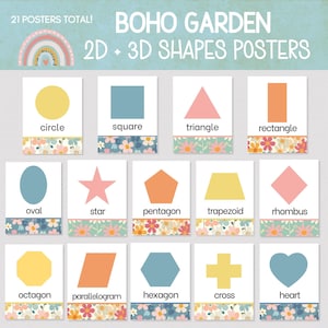 May include: A set of 12 educational posters featuring 2D and 3D shapes, including a circle, square, triangle, and more. Each shape is displayed on a white background with a floral border and labeled with its name. The posters are titled "BOHO GARDEN 2D + 3D SHAPES POSTERS."