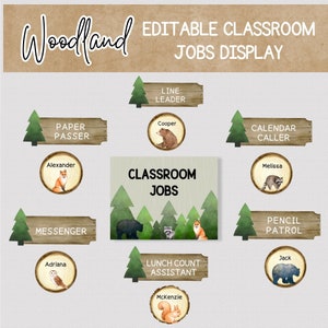 WOODLAND CLASSROOM JOBS Display,  Printable Classroom Jobs Chart, Woodland Forest Jobs Bulletin Board for Primary Grades, Classroom Decor