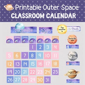 May include: A printable classroom calendar with an outer space theme. The calendar is for December 2025 and features colorful planets, rockets, and a cloudy weather indicator. The calendar includes the days of the week and dates.