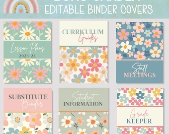 BOHO GARDEN PRINTABLE Binder Covers, Set of 6, Editable Retro Look Binder Covers,   Boho Flower Printable Teacher Binder Covers with Spines