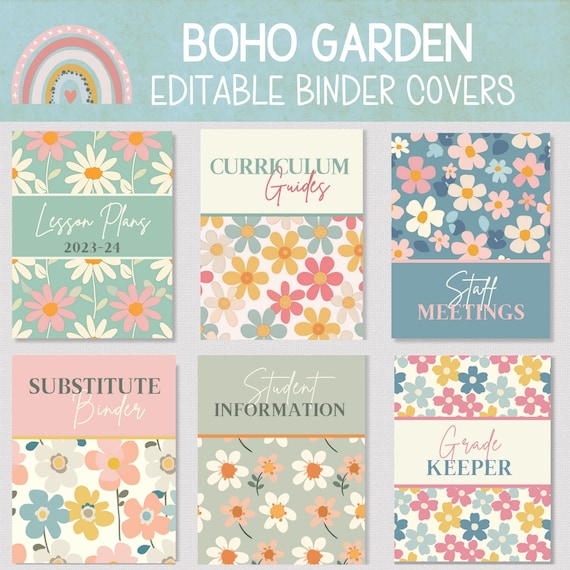 BOHO GARDEN PRINTABLE Binder Covers, Set of 6, Editable Retro Look Binder Covers,   Boho Flower Printable Teacher Binder Covers with Spines