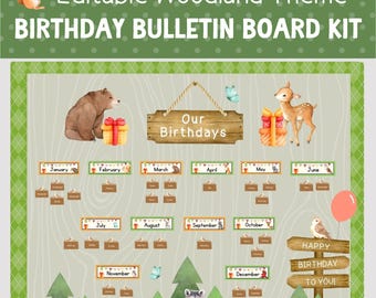 Könnte beinhalten: Ein Geburtstagspinnwand-Kit im Waldthema. Das Design umfasst einen Bären, ein Reh, einen Waschbären und andere Waldtiere. Das Board zeigt den Text "Editable Woodland Theme BIRTHDAY BULLETIN BOARD KIT" und "Our Birthdays".
