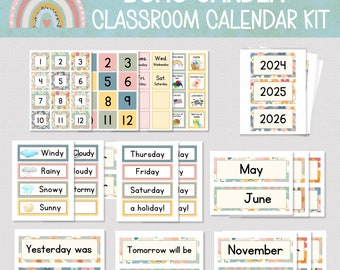 Kalenderset BOHO GARDEN CLASSROOM, afdrukbare boho-kalenderset, retro kalenderprikbordset, boho-bloem klaskalenderweergave
