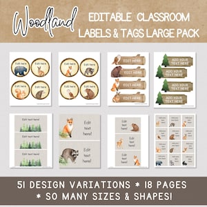 ÉTIQUETTES et étiquettes pour salle de classe BOISÉ, grand lot d'étiquettes modifiables pour animaux de la forêt, décoration boisée pour salle de classe, étiquettes et étiquettes pour animaux de la forêt