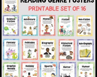 LITERATUURGENRE POSTERS voor de klas, afdrukbare bibliotheekgenreposters voor kinderen, affiches voor elementaire lectuur, klasdecor, bibliotheekdecor