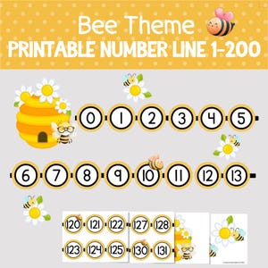 May include: A printable number line with a bee theme, featuring numbers 1-200. The design includes a yellow honeycomb, bees, and daisies. The numbers are displayed in black circles with a yellow border.