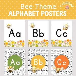 BEE THEME ALPHABET Posters, Printable Honey Bee Alphabet, 4 Versions Included, Bee Theme Abc Posters, Preschool or Primary Classroom Decor