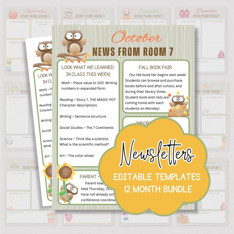 CLASSROOM NEWSLETTER TEMPLATE Bundle, Editable Monthly Classroom