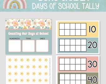 DAYS In SCHOOL TALLY Board, Boho Garden Days at School Tally Posters, 100 Days of School Tally Charts, Classroom Tally Kit, Retro Classroom
