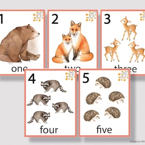 FLASHCARDS DE NÚMEROS IMPRIMIBLES 1 -10, Tarjetas de conteo de animales del bosque, Tarjetas de conteo de animales del bosque, Tarjetas de conteo preescolares en casa