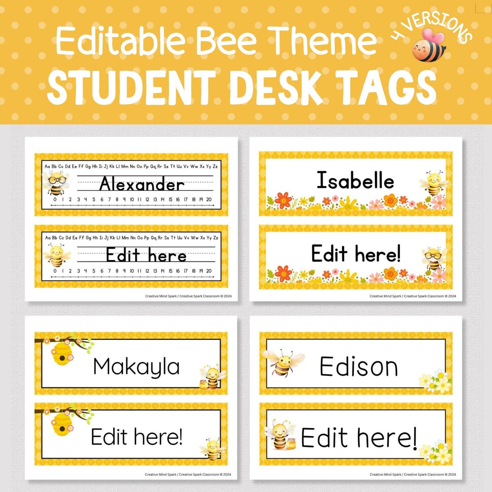 HONEY BEE DESK Name Tags, Editable Bee Theme Desk Name Plates ...